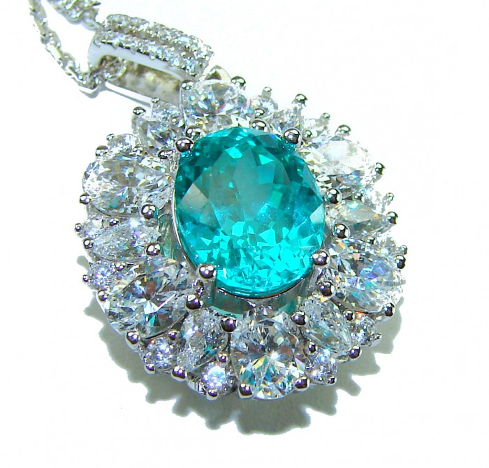 Wonderland 6.8 carat Paraiba Tourmaline .925 Sterling Silver Handcrafted Statement necklace - Close-up of Wonderland Paraiba Tourmaline pendant in sterling silver