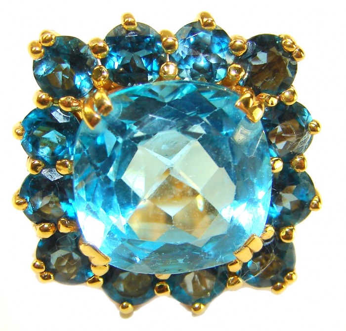 Pacifica - Authentic 20.8 carat Swiss Blue Topaz Sapphire 22K Gold over .925 Sterling Silver handcrafted Large Statement ring size 6 3/4 - Close-up of Pacifica Swiss Blue Topaz Sapphire ring, 20.8 carats.