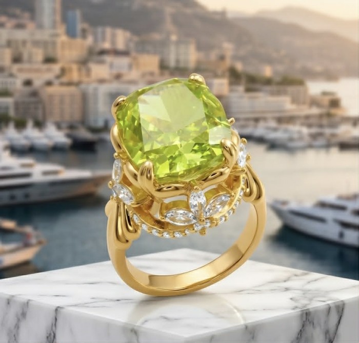 Costa del Sol 10.4 carat Lemon Quartz 18K Gold over .925 Sterling Silver handcrafted ring size 7 - Close-up of Costa del Sol 10.4 carat Lemon Quartz ring on marble surface.
