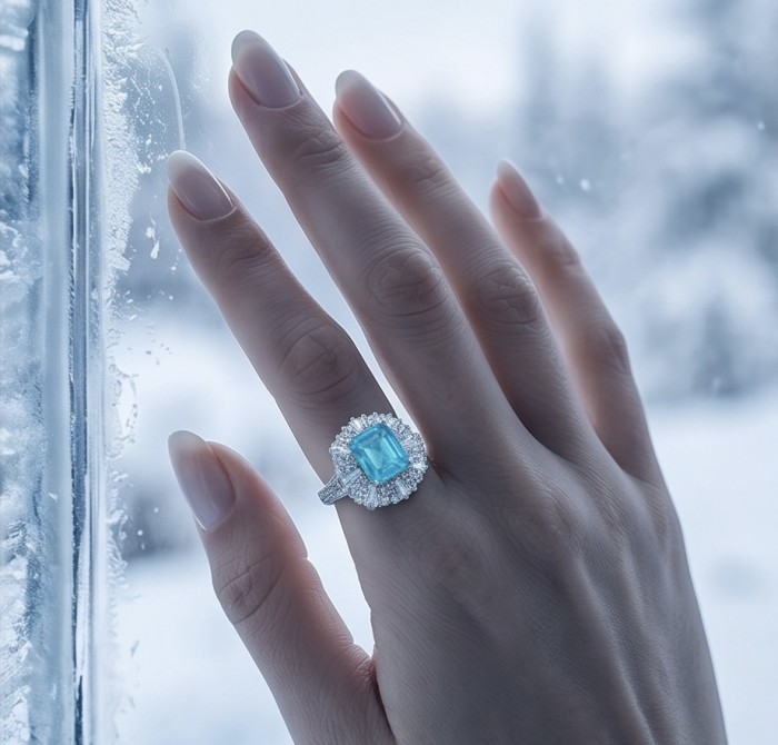 Eau Pure 7.5 carat Paraiba Tourmaline .925 Sterling Silver Handcrafted Ring size 8 1/4 - Ring with Paraiba Tourmaline stone worn on hand against snowy background