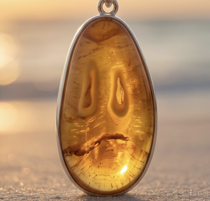 Rare!!! Dazzling 308.2 carat natural Golden Baltic Amber .925 Sterling Silver handcrafted necklace - Close-up of 308.2 carat golden Baltic amber pendant in sunlight
