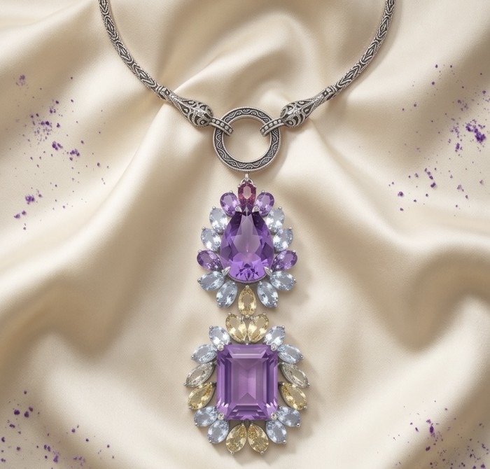 Dolce Vita - Precious Natural 76.5 carat Amethyst from Uruguay Rhodium over .925 Sterling Silver handcrafted Necklace - Close-up of ornate amethyst necklace and detailed clasp on silk.