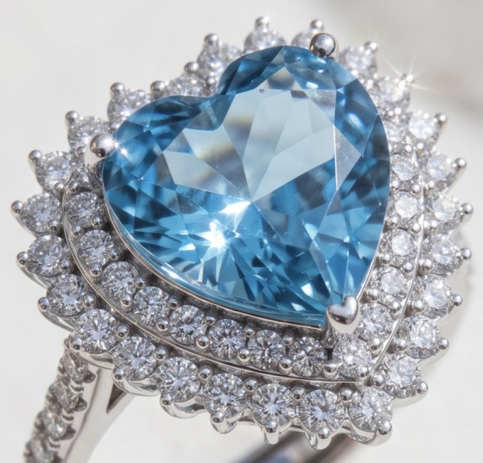 Angels's Heart 6.5 carat genuine Swiss Blue Topaz .925 Sterling Silver handmade Statement Ring size 6 adjustable - Close-up of heart-shaped Swiss Blue Topaz ring with diamond accents.