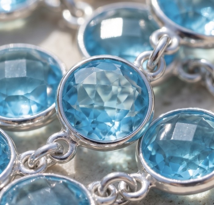 Rare finding - Seaside 18.5 carat authentic Swiss Blue Topaz .925 Sterling Silver handmade Bracelet - Stone close-up of Swiss Blue Topaz bracelet in silver setting.