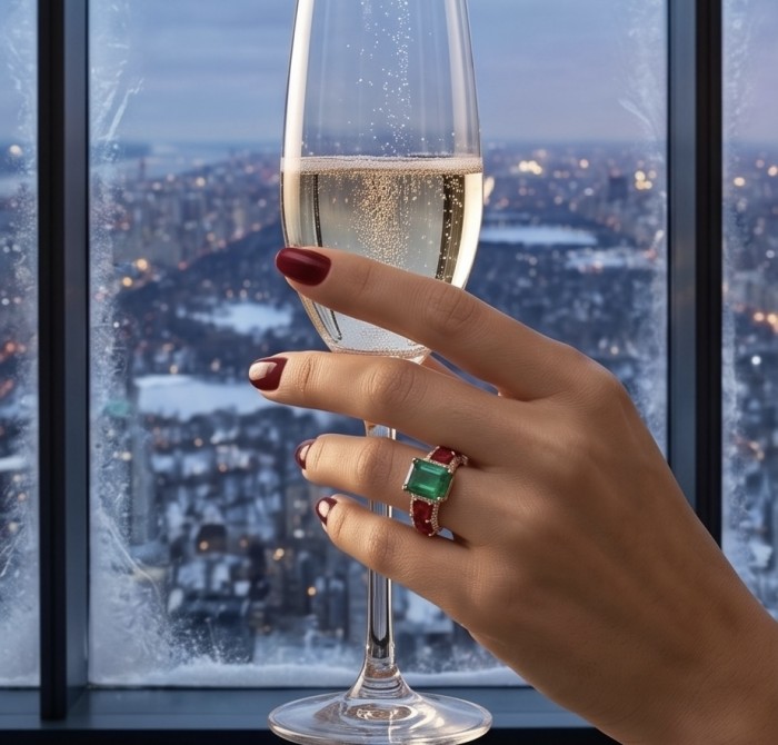Giovanna 6.7 carat Ruby Emerald .925 Sterling Silver dipped 22K Rose Gold handmade Statement Ring size 6 - Emerald ring worn on hand holding champagne, city view background.