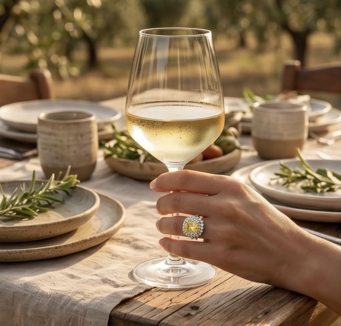 Solid 25.8 carat Genuine Yellow Sapphire .925 Sterling Silver handcrafted ring size 7 1/4 - Yellow sapphire ring on hand holding a wine glass at a rustic table.