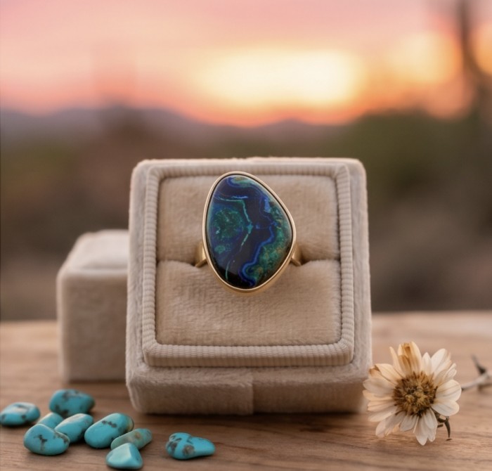 Authentic Parrot's Wing Chrysocolla 18K Gold over .925 Sterling Silver handcrafted ring size 8 adjustable - Chrysocolla ring in gold setting, displayed in box at sunset.