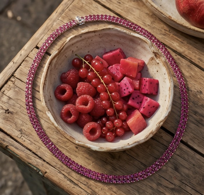 Giuseppina - Magnificent 74.5 carat authentic Ruby rhodium over .925 Sterling Silver handcrafted Statement necklace - Ruby necklace with vibrant fruits, top view on rustic table.