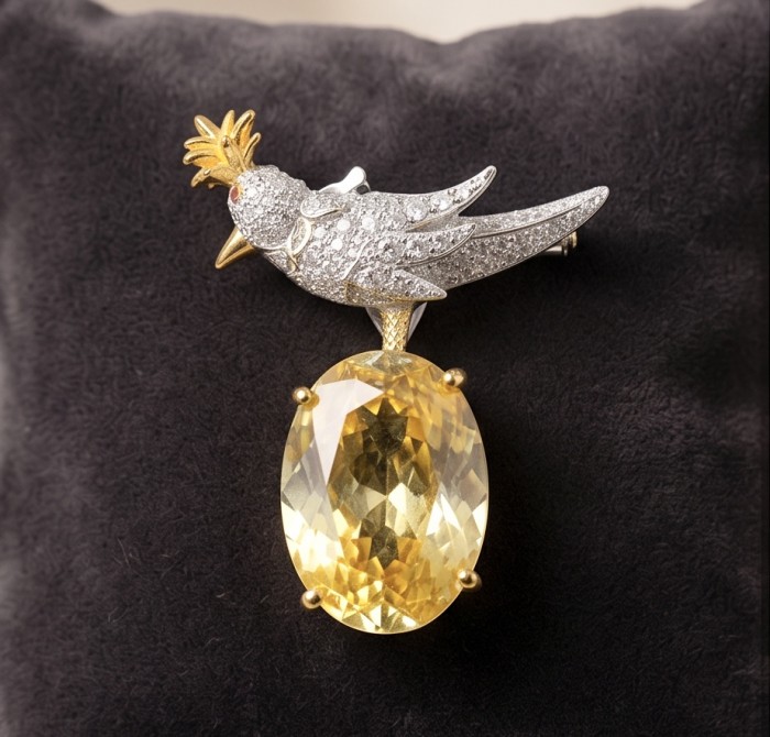Bird on a Rock - Iconic design- Genuine 28.5 carat yellow Sapphire 18K Gold over .925 Sterling Silver handmade Pendant - Brooch - Bird design brooch with yellow gemstone, top view, intricate detailing
