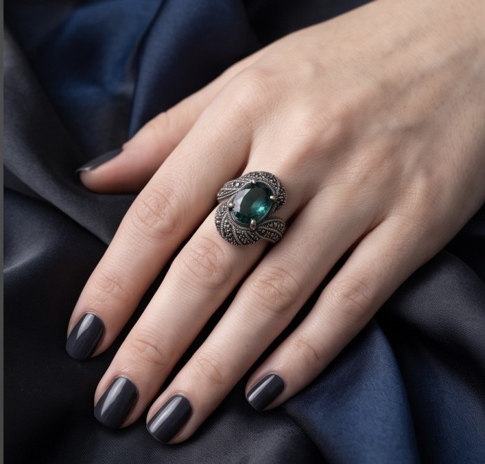 Blue Marina Massive Blue 16.8 carat Aquamarine .925 Sterling Silver handcrafted ring size 7 - Aquamarine ring worn on hand, showcasing stone and detailed setting.