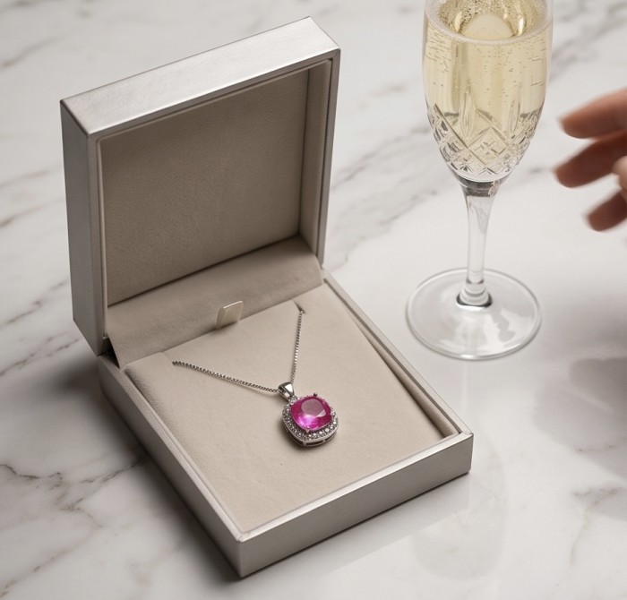 Isabella - delicate 1.9 carat Pink Sapphire .925 Sterling Silver handcrafted Statement Necklace - Necklace in box with pink sapphire, top view, next to champagne flute.