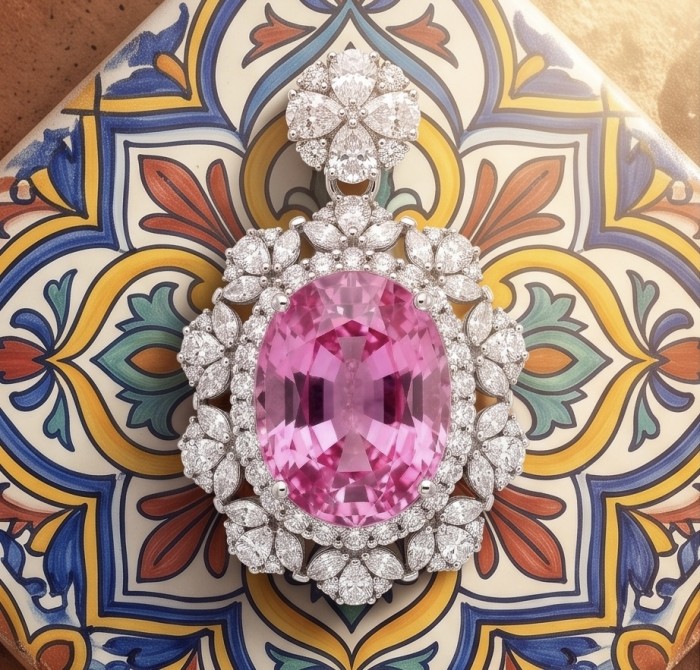 Tiffany Incredible oval cut 20.4 carat Pink Sapphire .925 Sterling Silver handcrafted pendant - Pink sapphire pendant with diamonds on colorful patterned background