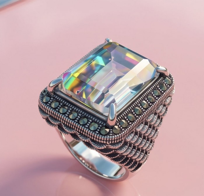 Big Dreamer Massive 25.8 carat Mystic Topaz .925 Sterling Silver handcrafted Large ring size 7 - Close-up of Mystic Topaz ring with ornate sterling silver setting.