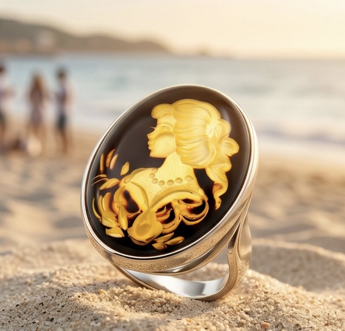 Beautiful Authentic Cameo carved Baltic Amber .925 Sterling Silver handcrafted ring; s. 7 adjustable - Close-up of cameo ring with woman profile on beach background.