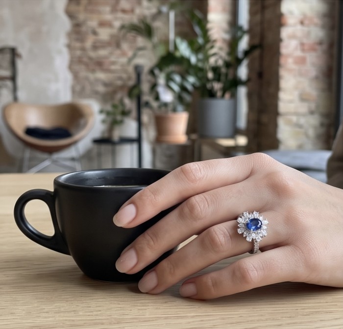 Julietta floral design 4.5 carat Sapphire .925 Sterling Silver handmade Statement ring size 6 1/4 - Sapphire ring worn on hand, floral design, with a black cup in background