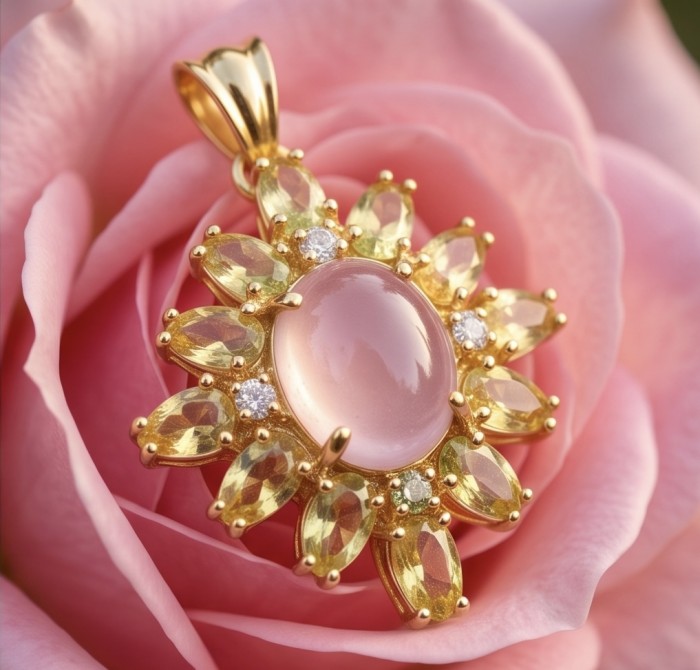 Scarlett 5.8 carat Rose Quartz 22K Gold over .925 Sterling Silver handcrafted Statement Pendant - Rose Quartz pendant on pink rose, close-up, 22K Gold over .925 Sterling