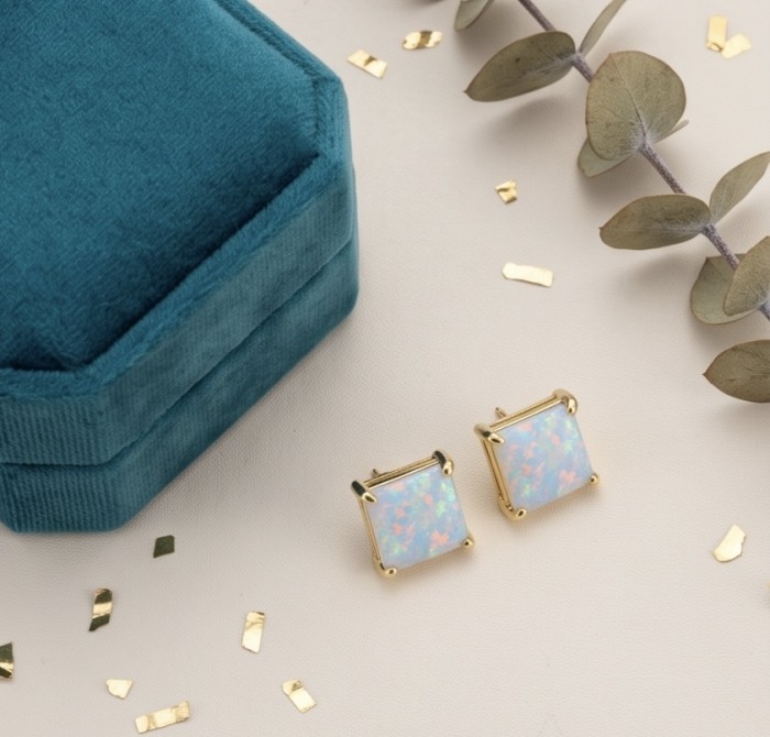 2.2 carat Australian Blue Opal 14K Gold over .925 Sterling Silver incredible handcrafted Earrings - Earrings with Australian Blue Opal on display beside a teal box.