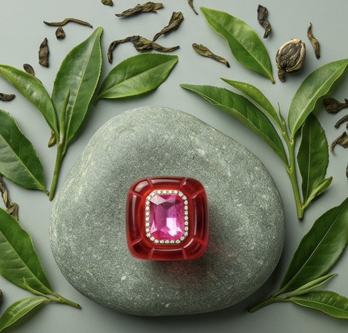 Candy Store - Modern Design Natural Red Raisin Pink Topaz .925 Sterling Silver ring size 8 - Topaz stone close-up on stone, surrounded by leaves.