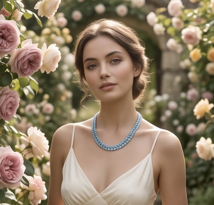 Serenity 205.5 carat genuine Swiss Blue Topaz .925 Sterling Silver handmade Large Statement Necklace; 70.95 grams - Woman wearing Serenity 205.5 carat Swiss Blue Topaz necklace in garden.