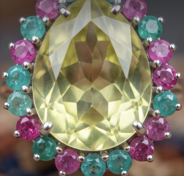 Costa del Sol 24.8 carat Genuine Lemon Quartz rhodium over .925 Sterling Silver handcrafted ring size 7 - Close-up of Costa del Sol 24.8 carat Lemon Quartz ring with gemstone accents