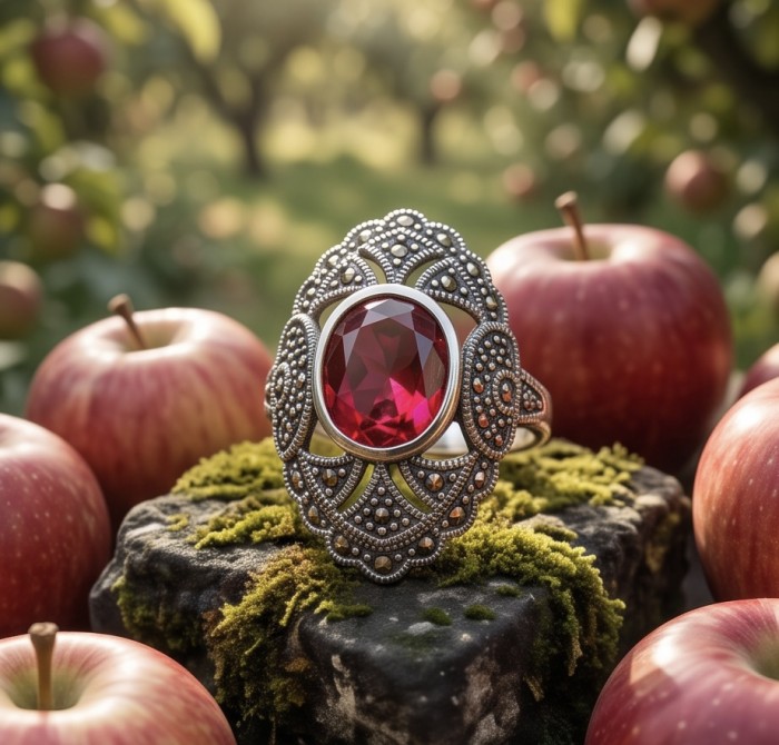 Scarlett 12.7 ctw Mozambique Ruby .925 Sterling Silver handcrafted Statement Ring size 8 3/4 - Close-up of Scarlett Ruby ring on mossy stone surrounded by apples