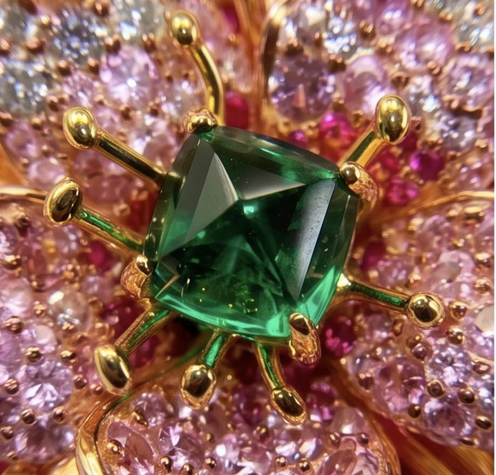 Giovanna - Authentic 4.2 carat Emerald .925 Sterling Silver dipped in 22K Rose Gold handcrafted Brooch - Close-up of emerald with pink stones and gold accents, Giovanna jewelry.