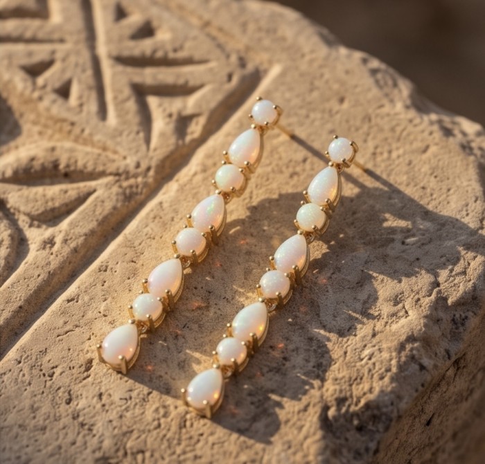 Valentina 2.9 carat Natural Australian Opal .925 Sterling Silver dipped in 22K Gold handcrafted earrings - Drop earrings with Australian opal on stone background, side view.