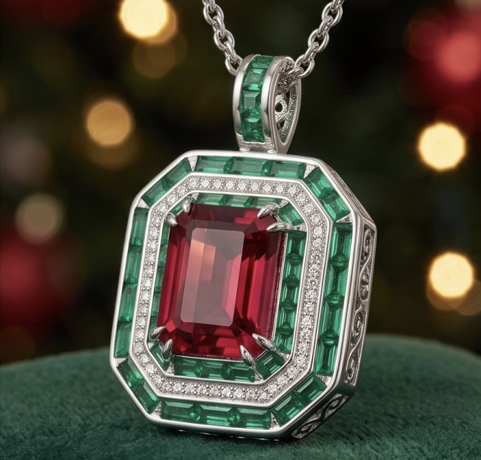 Art Deco 19.4 ctw Ruby Emerald .925 Sterling Silver dippedin rhodium handcrafted Statement necklace - Close-up of Art Deco ruby and emerald pendant with silver chain.