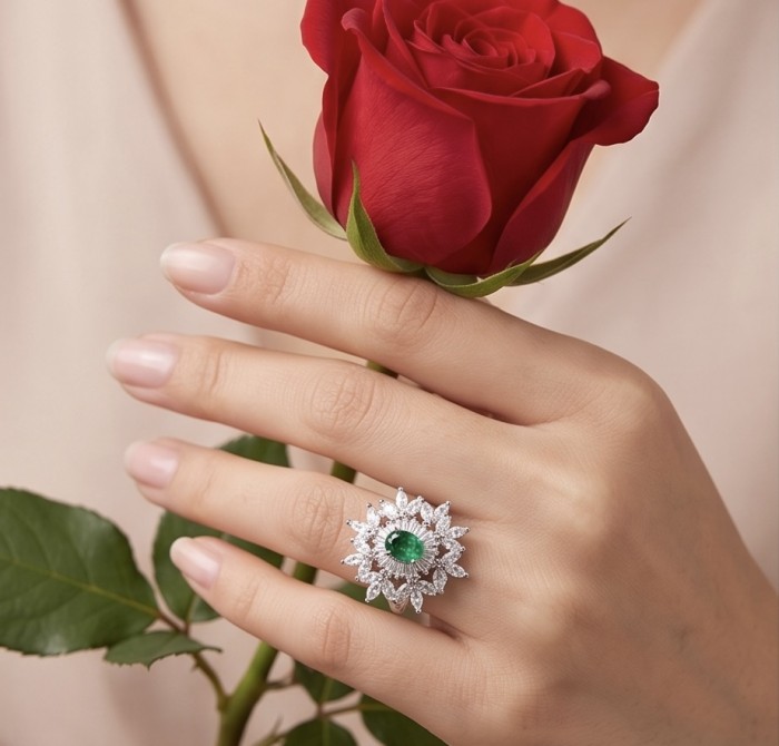 Ofelia - Authentic 5.5 CARAT natural Colombian Emerald .925 Sterling Silver dipped in rhodium handcrafted Ring size 8 - Ring with Colombian emerald worn on hand holding a red rose.