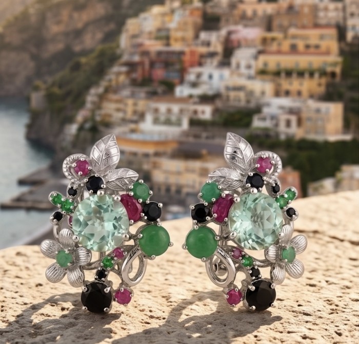 Isabel Authentic 22.4 carat Green Amethyst rhodium over .925 Sterling Silver handcrafted Statement Earrings - Floral earrings with gemstones, front view, scenic background