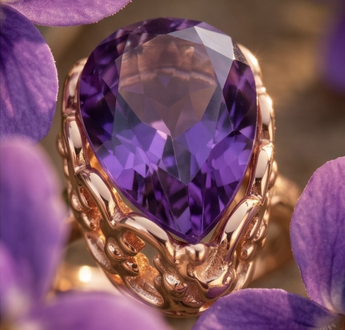Peace 9.5 carat natural Amethyst 18K Rose Gold over .925 Sterling Silver Handcrafted Ring size 6 - Close-up of 9.5 carat amethyst ring in 18K rose gold setting.