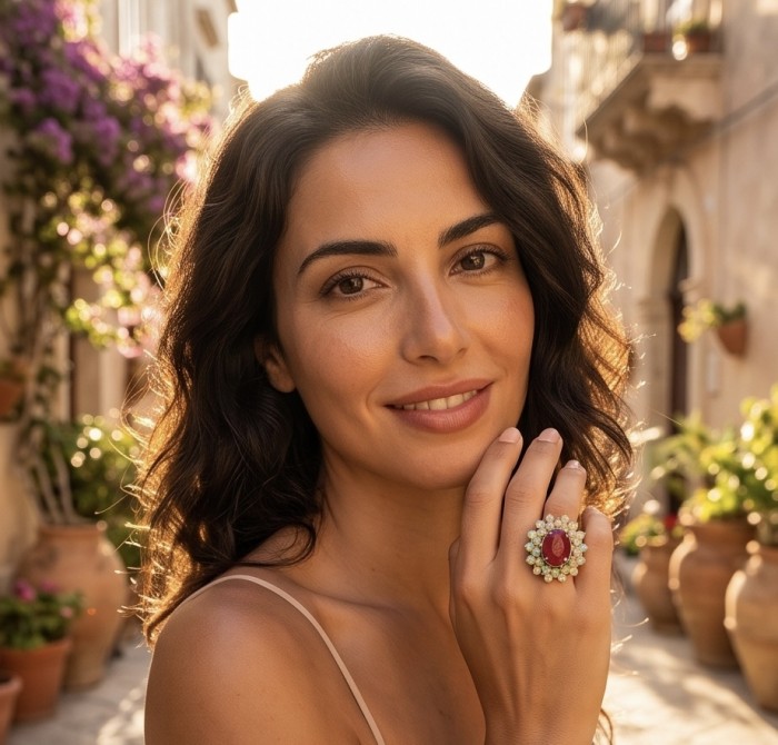 King of Gems Genuine 8.9 CARAT Mozambique Star Ruby 4.8 carat Fire Opal rhodum over .925 Sterling Silver Large Statement Ring size 7 1/4 - Woman wearing King of Gems 8.9 CARAT Mozambique Star Ruby ring.