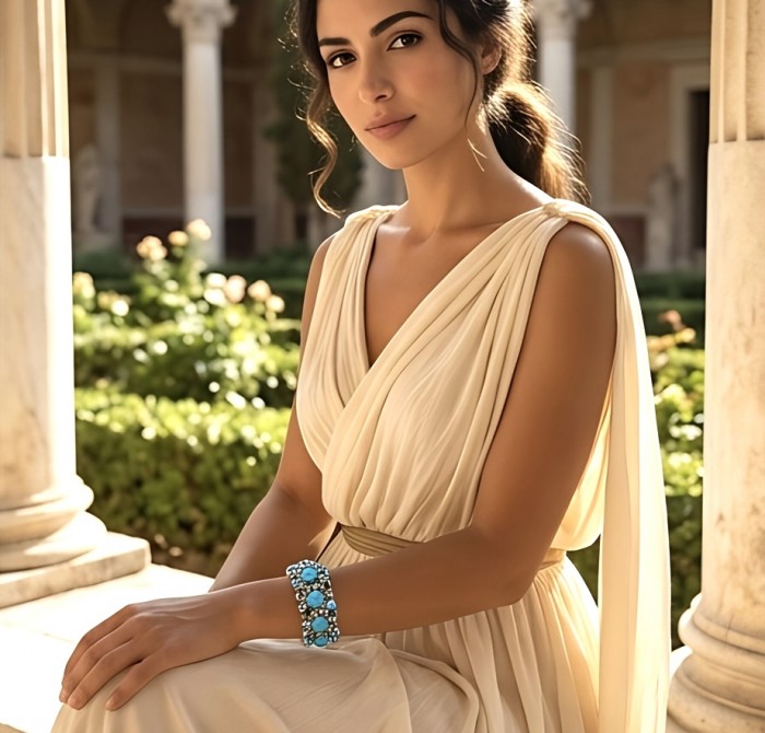 Pacifica - 47.2 carat Turquoise 4.8 carat Sapphire .925 Sterling Silver handmade Statement Bracelet - Woman wearing Pacifica bracelet with turquoise and sapphire stones.