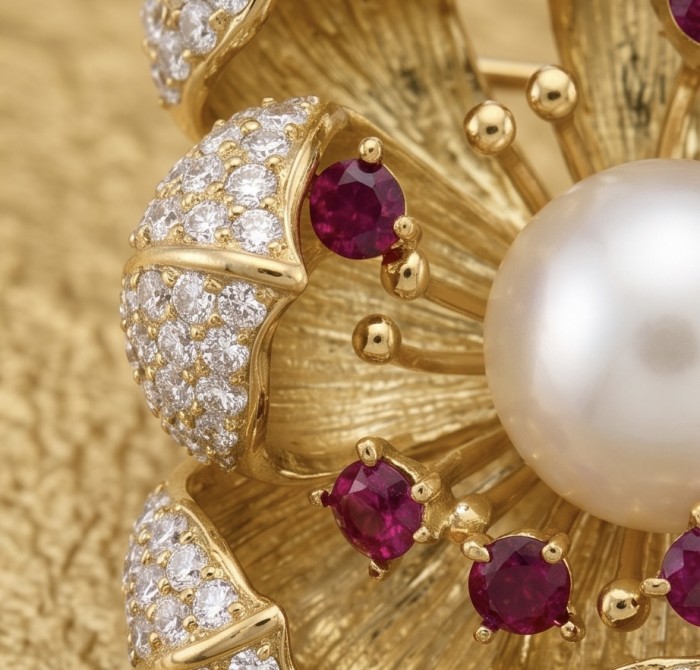 Black Label Collection - Retro Style - Rose Genuine Pearl 4.5 carat Garnet .925 Sterling Silver dipped in 18K Gold handmade Pendant - Brooch - Close-up of pearl and gemstone details in Retro Style jewelry piece.