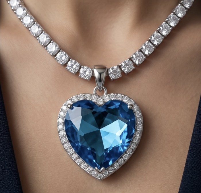 Titanic - Heart of The Ocean Necklace ~ 33.5 Ct Blue Sapphire Necklace In 925 Sterling Silver necklace - Heart of The Ocean necklace close-up, worn around neck.