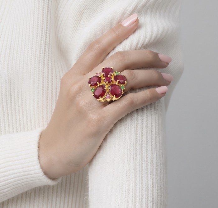 Blooming Garden Genuine 24.5 carat Kashmir Ruby .925 Sterling Silver dipped in 22K Gold Large Statement Ring size 7 1/4 - Worn on hand: Blooming Garden 24.5ct Kashmir Ruby Ring