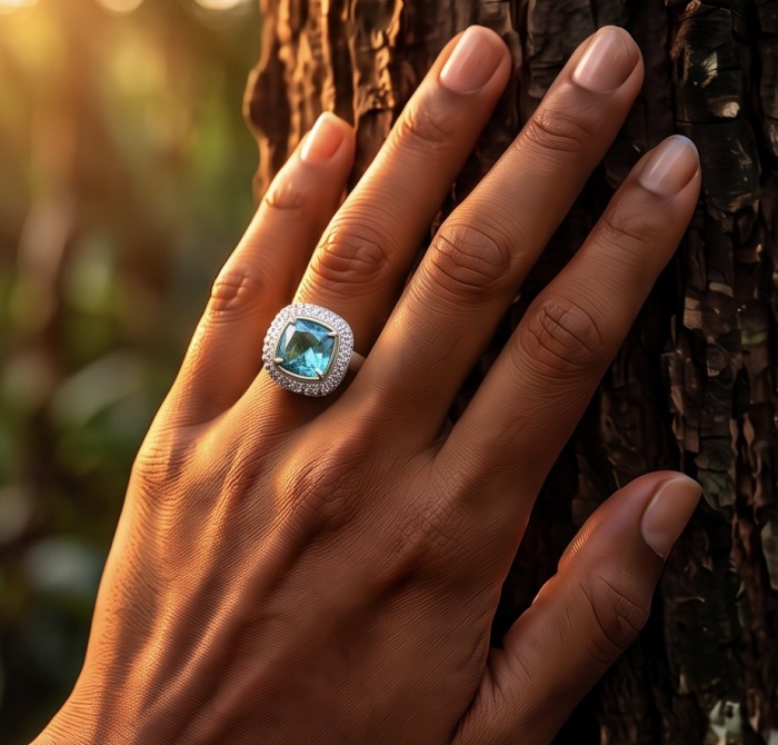 Aqua 10.5 carat Swiss Blue Topaz rhodium over .925 Sterling Silver handcrafted ring size 8 - Swiss Blue Topaz ring, worn on hand, sunlight highlighting gemstone.