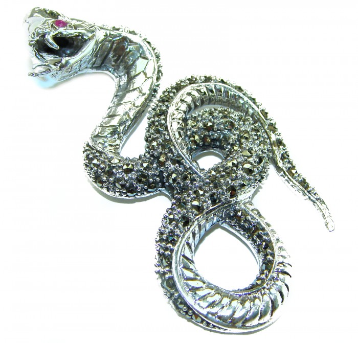 Large 2 5/8 inches long Cobra Snake genuine Marcasite .925 Sterling Silver handmade Pendant - photo 4