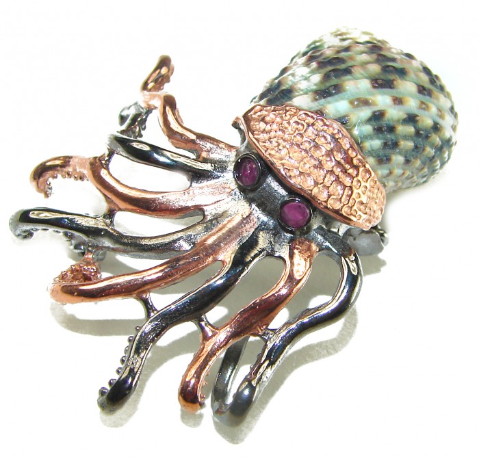 Octopus Ammonite 14K Rose Gold over .925 Sterling Silver handcrafted Brooch Pendant - photo 2