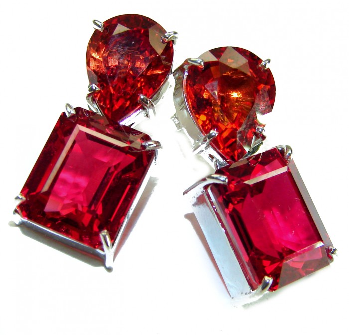 Blooming Rose baguette cut 19.5 carat Red Topaz .925 Sterling Silver handmade Statement earrings - photo 2