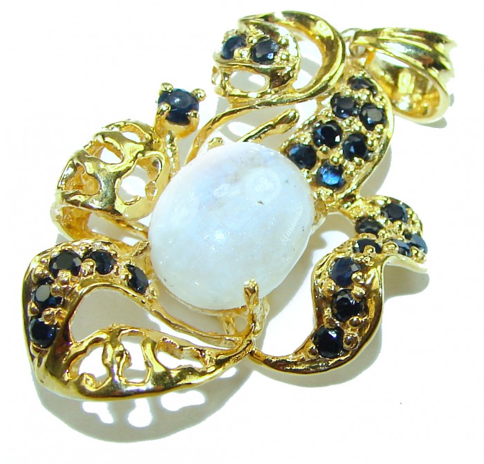 Genuine Rainbow Moonstone Sapphire 14k Gold over .925 Sterling Silver handcrafted pendant - Moonstone sapphire pendant, top view, gold setting details visible