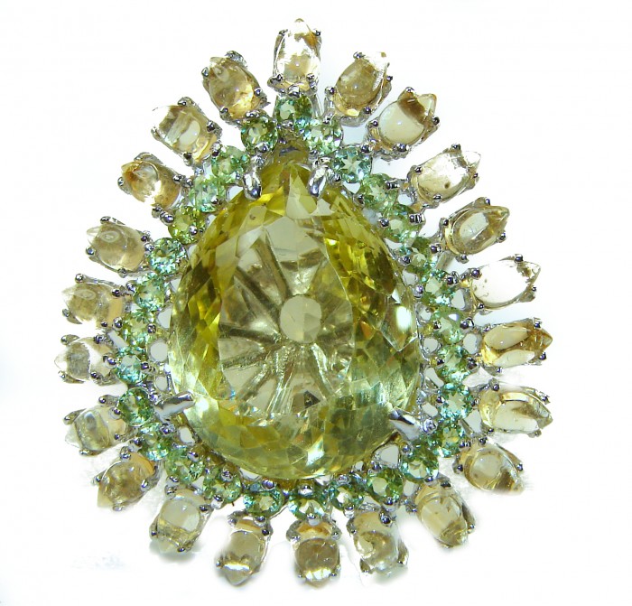 Andalusia 45.5 carat Authentic Citrine Peridot .925 Sterling Silver handcrafted Statement ring size 6 3/4 - Close-up of Andalusia 45.5 carat citrine and peridot sterling brooch.
