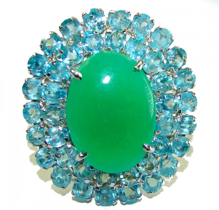 Good Fortune - Large Vintage Style 35.9 carat Jade Swiss Blue Topaz .925 Sterling Silver handmade Cocktail Ring s. 7 - Close-up of vintage jade ring with blue gemstone halo.