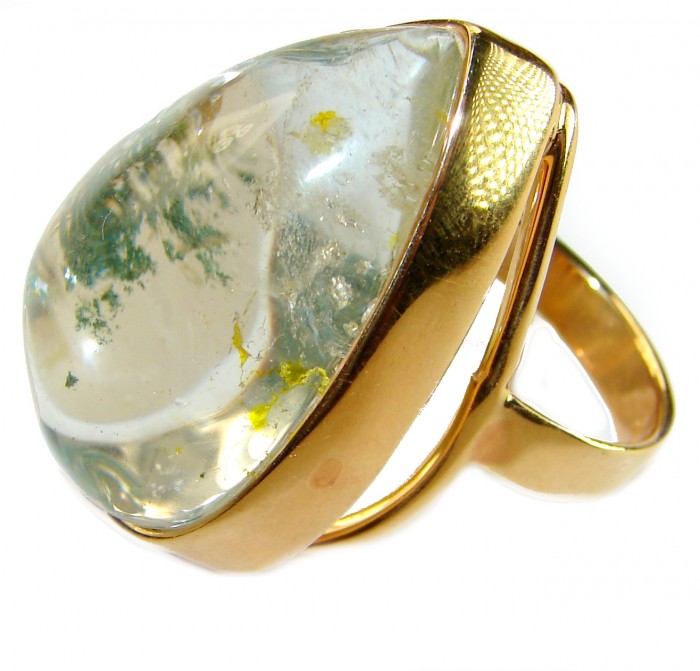 Magic genuine Phantom Quartz 18K Gold over .925 Sterling Silver handmade Cocktail Ring s. 8 adjustable - Magic Phantom Quartz ring in gold setting, side view close-up.