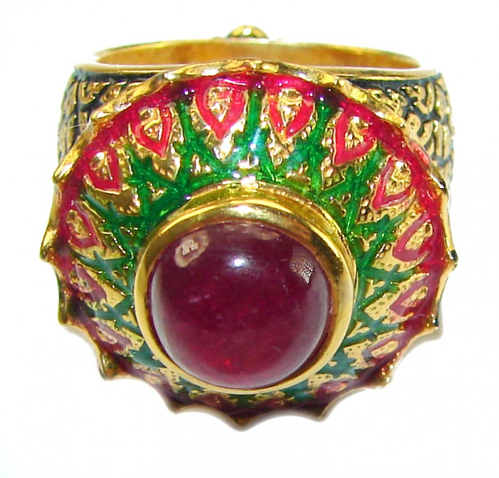 Purity Wisdom Prosperity 4.3 carat Ruby Enamel 18K Gold over .925 Sterling Silver Huge handcrafted Ring s. 6 3/4 - Stone close-up of ornate ruby ring with enamel and gold detailing.