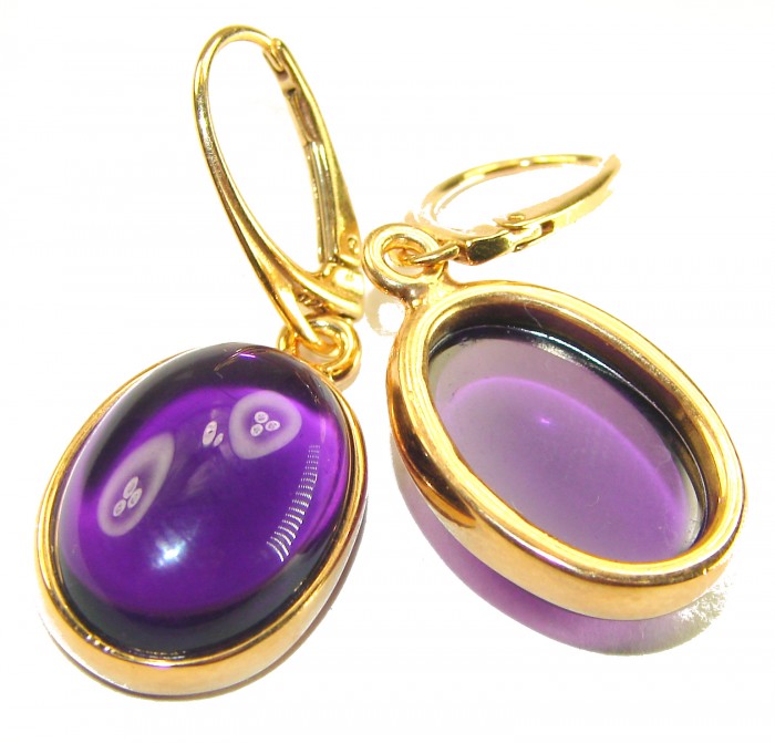 Lavender Beauty authentic 10.2 carat Amethyst 14K Gold over .925 Sterling Silver handcrafted earrings - Amethyst earrings close-up, gold setting, oval design.