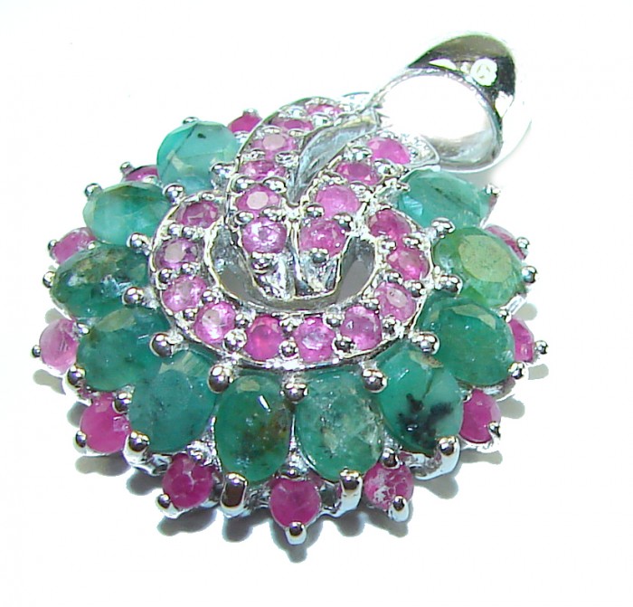 Treasure 11.5 carat Emerald Ruby .925 Sterling Silver handcrafted Pendant - Pendant close-up with emeralds and rubies in sterling silver setting.