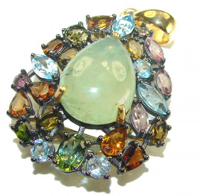 Royal quality genuine Prehnite Tourmaline 18K Gold over .925 Sterling Silver handcrafted Pendant - Close-up of multi-gem pendant with central Prehnite in 18K gold setting.