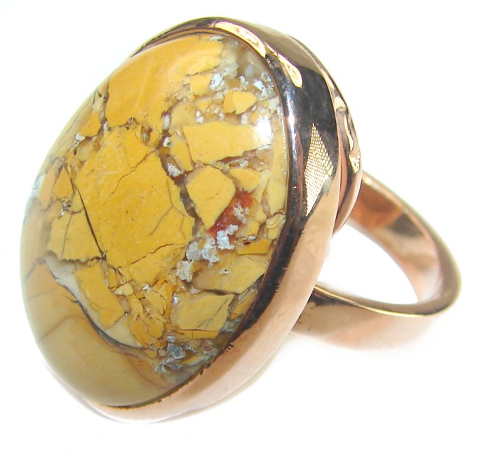 Flawless Australian Bracciated Mookaite 14K Gold over .925 Sterling Silver Ring size 8 adjustable - Side view of Australian Bracciated Mookaite ring in 14K gold over silver.