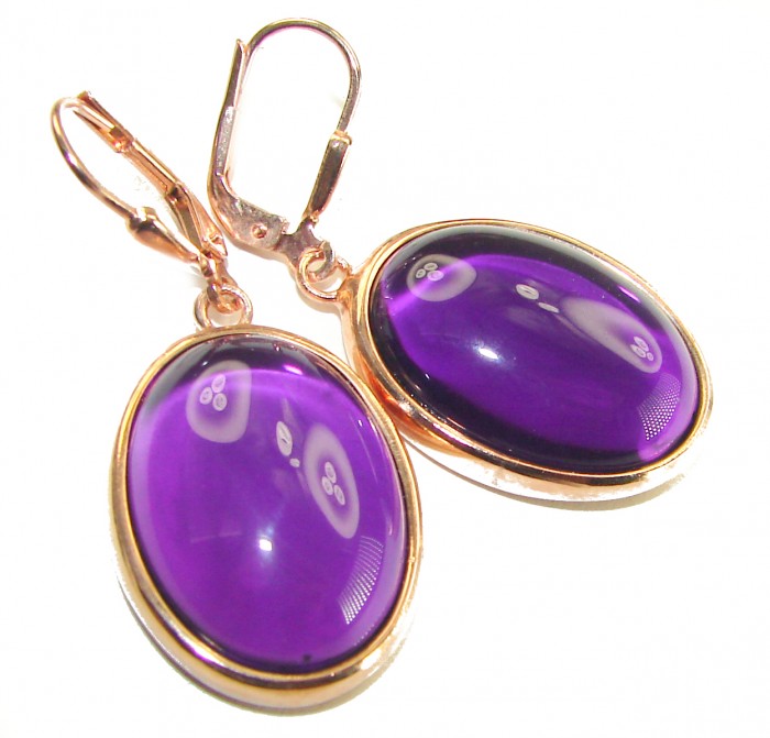 Lavender Beauty authentic 10.2 carat Amethyst 14K Gold over .925 Sterling Silver handcrafted earrings - Close-up of 10.2 carat amethyst earrings with gold leverback clasps.
